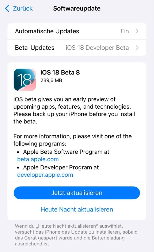 怀集苹果手机维修分享苹果 iOS / iPadOS 18 开发者预览版 Beta 8 发布 